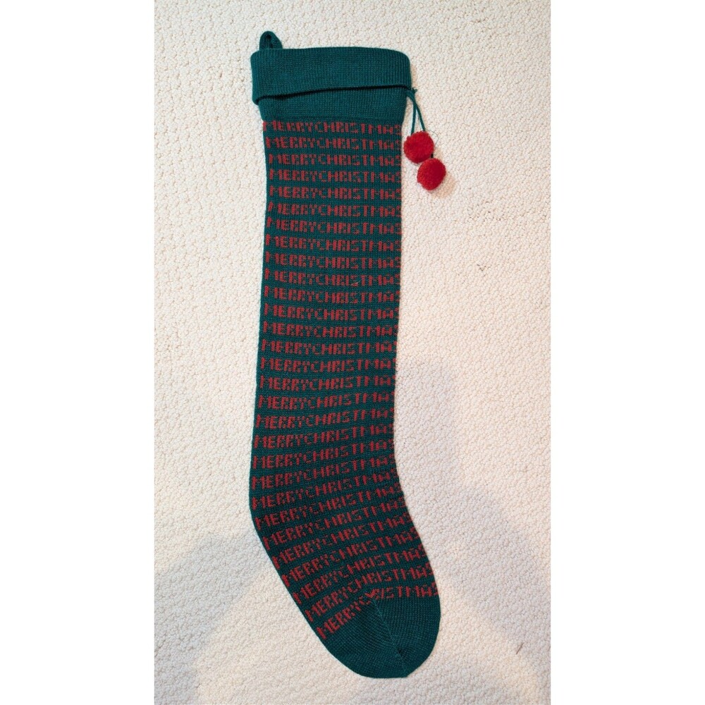 VINTAGE Christmas MERRY CHRIST MAS  Knit Acrylic 25” Stocking Pom Pom Taiwan
